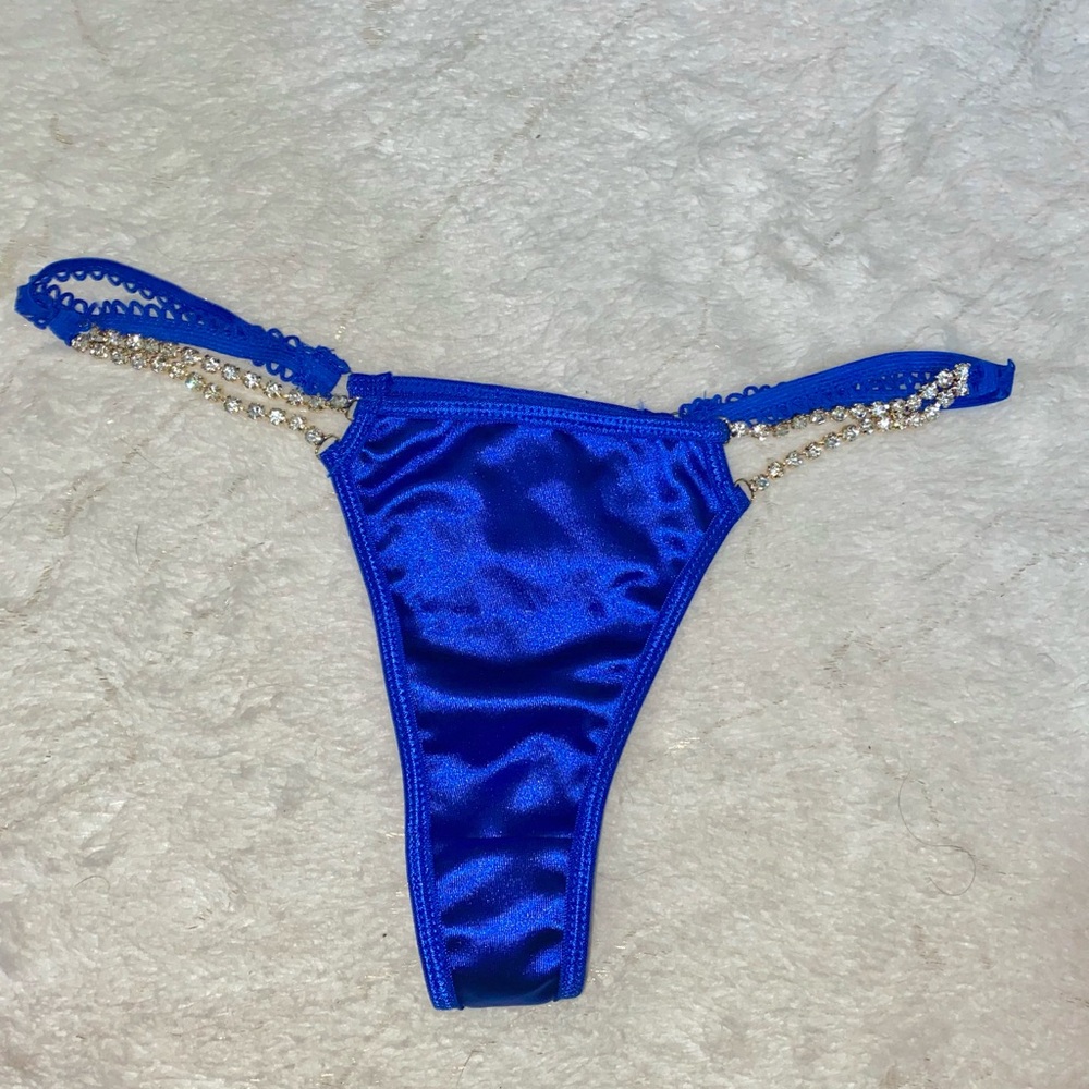Blue Satin Thong with Rhinestone Straps   Panty